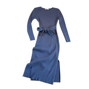 Anrabess Blue Ribbed Knit Tie Waist Midi Sweater Dress Long Sleeve Large